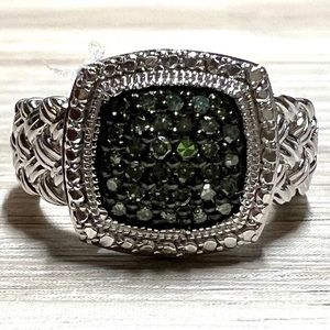 Designer Signed (JS) Sterling Silver Green Pave Diamond Ring, Size 7, 6.9g